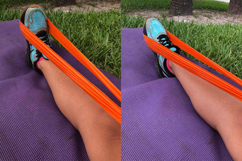 Ankle plantar flexion hiking exercise with band