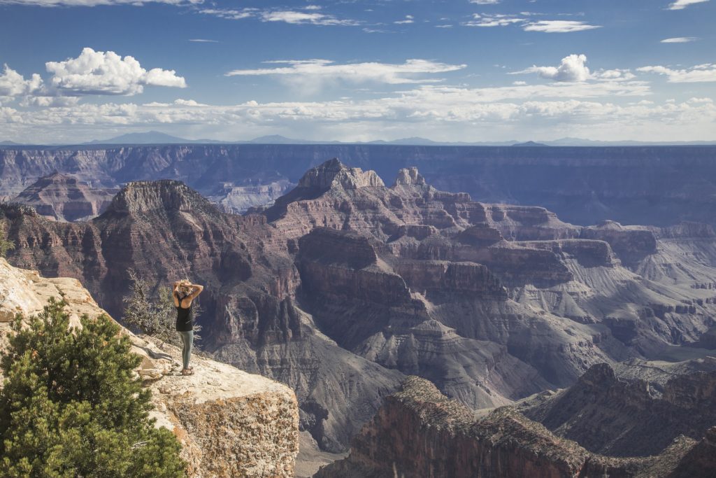 Woman standing on a cliff at the Grand Canyon.
