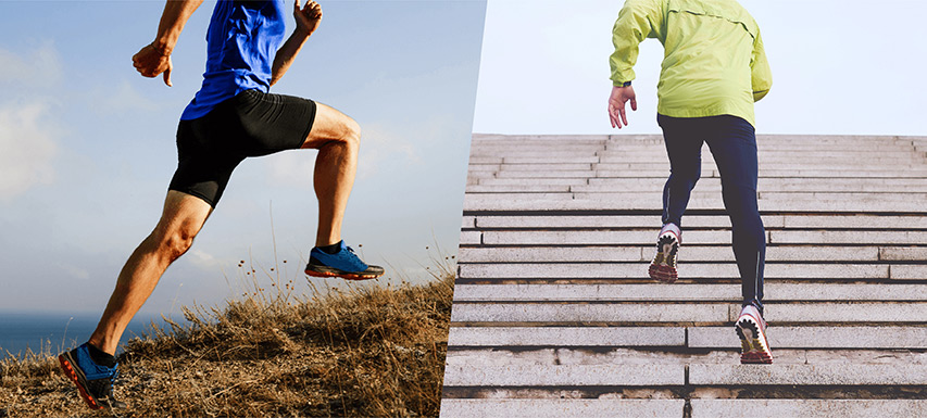 Athletes climbing hills and stairs demonstrating best exercises for hiking.