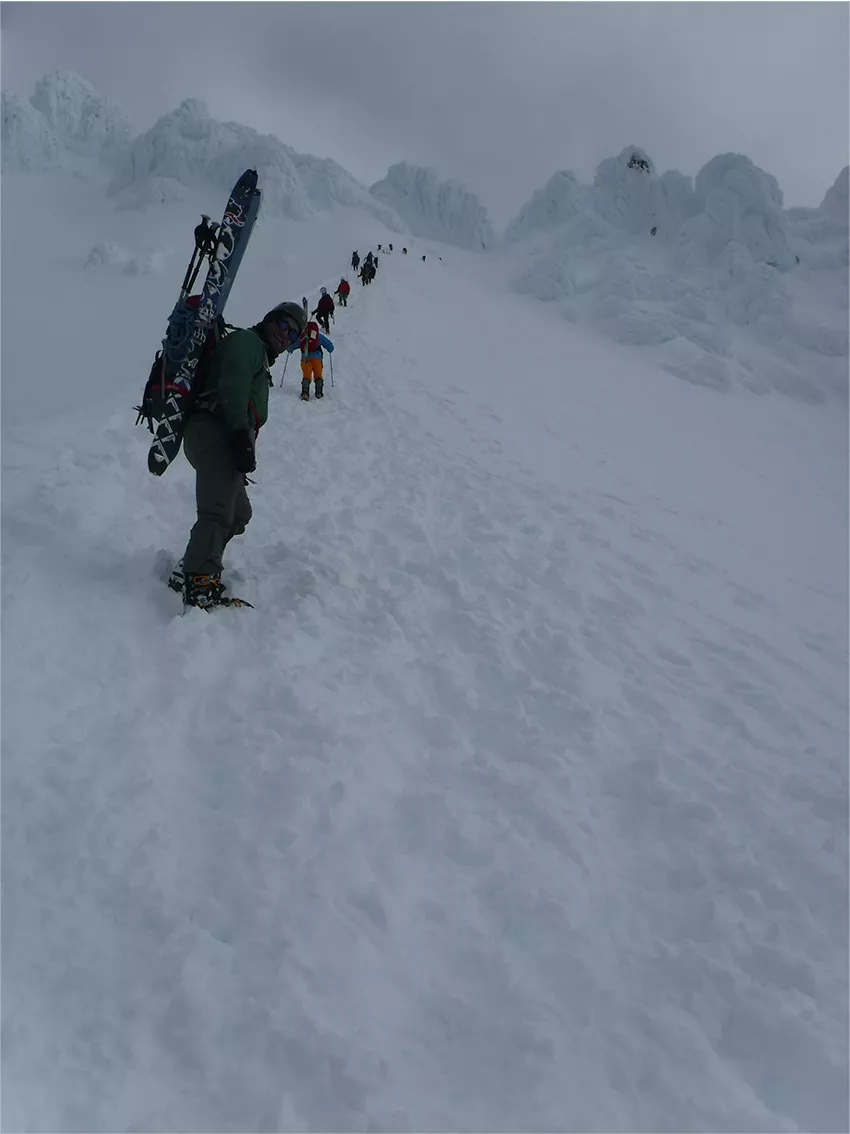 The Hogsback at Mt. Hood on a typical busy climbing day.