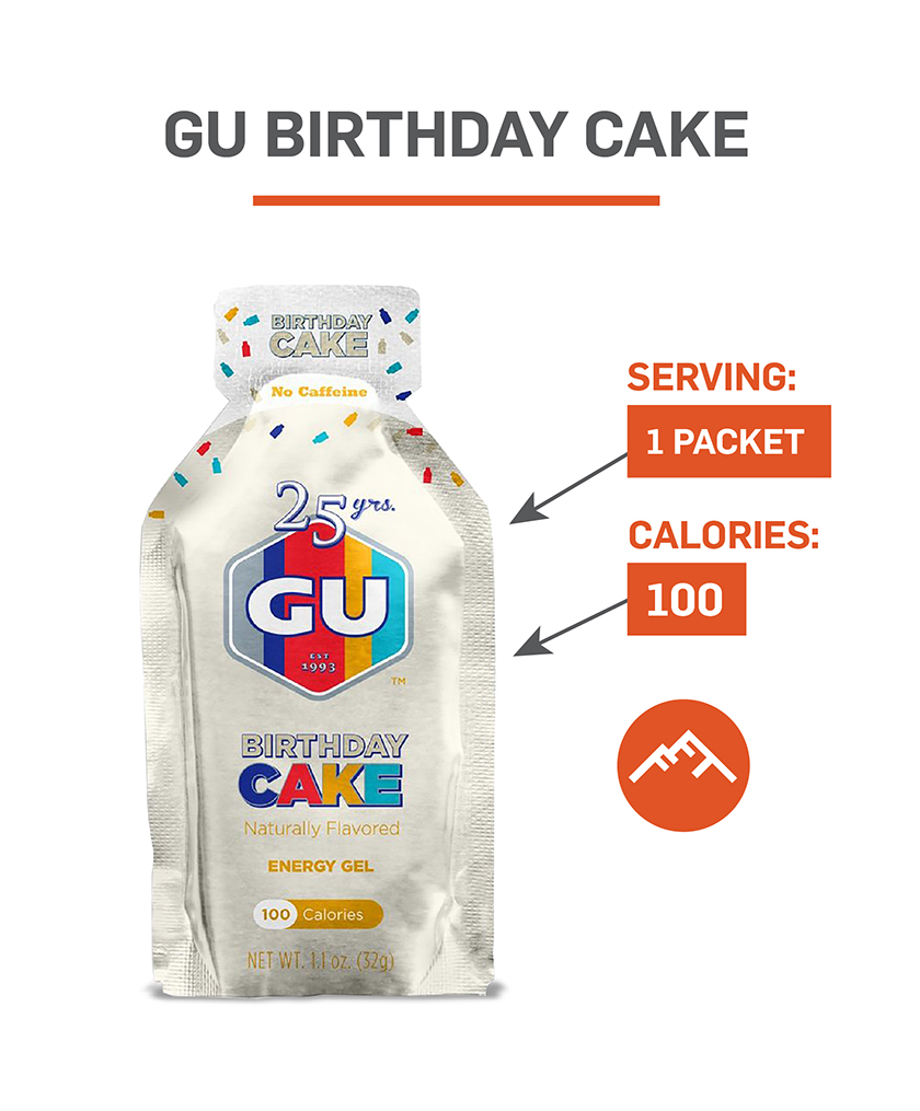 GU Birthday Cake Original Energy Gel has 100 calories.