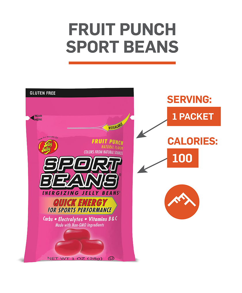 Regular Sport Beans has zero caffeine and 100 calories per packet.