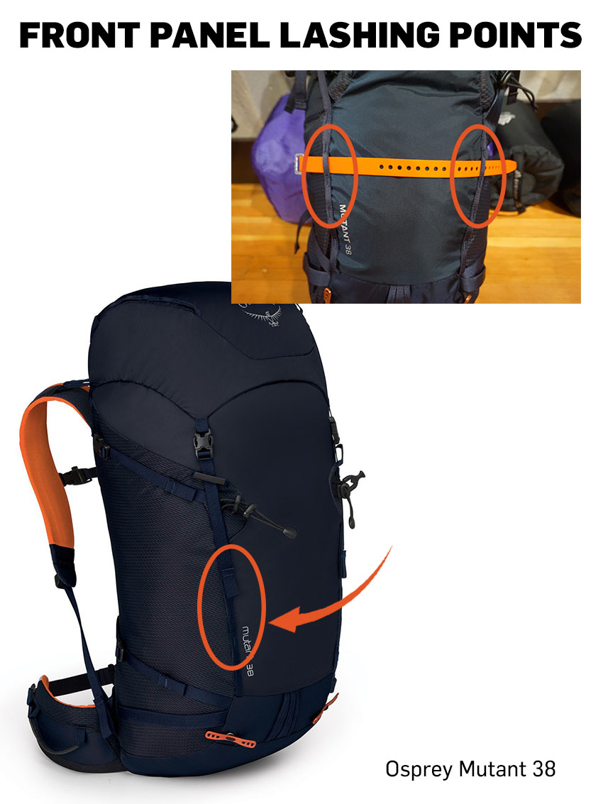 Osprey Backpack daisy chain vertical lashing points for carrying heavier external loads.