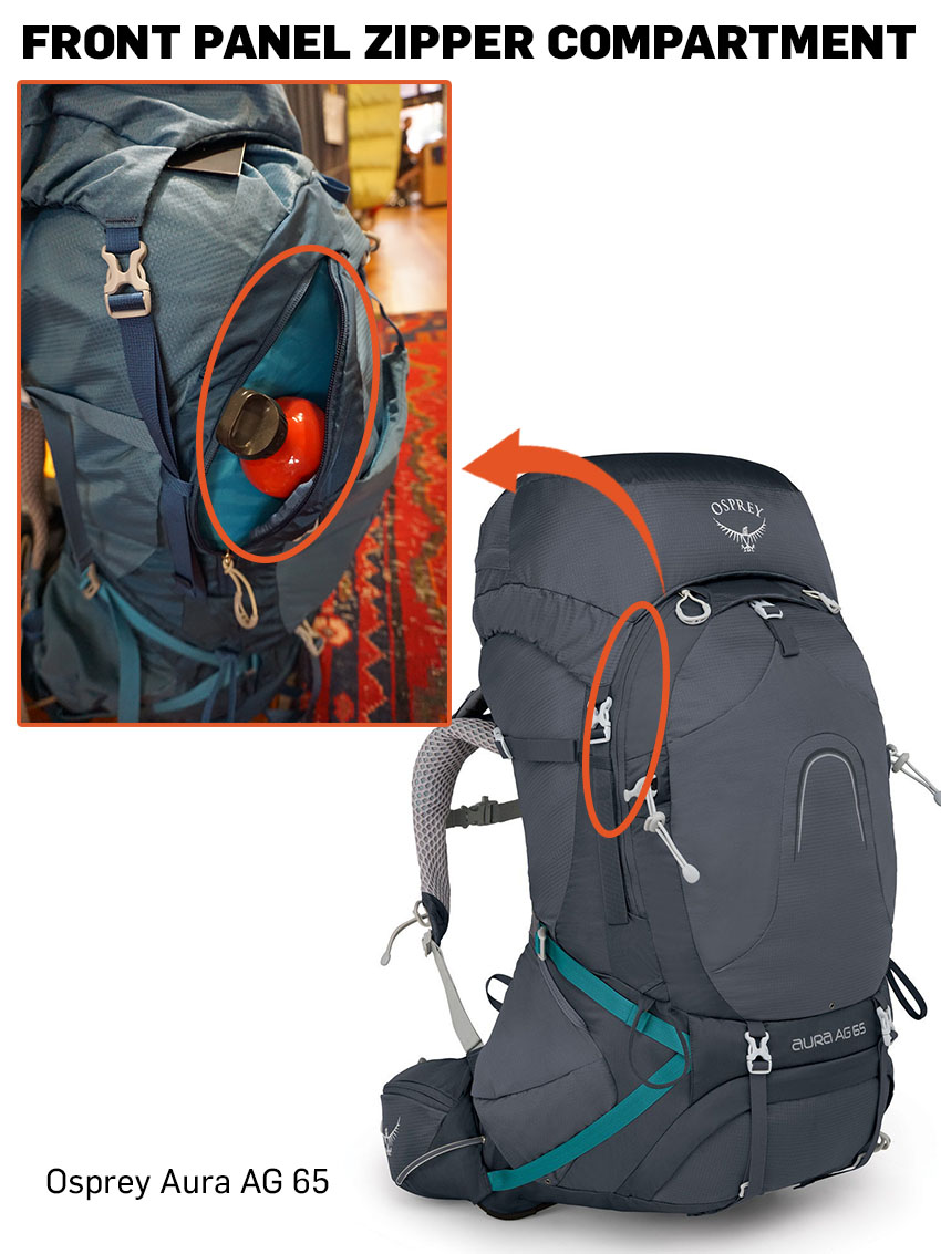 Osprey Backpacking Backpack Front panel zipper for easy access to gear in the main compartment.