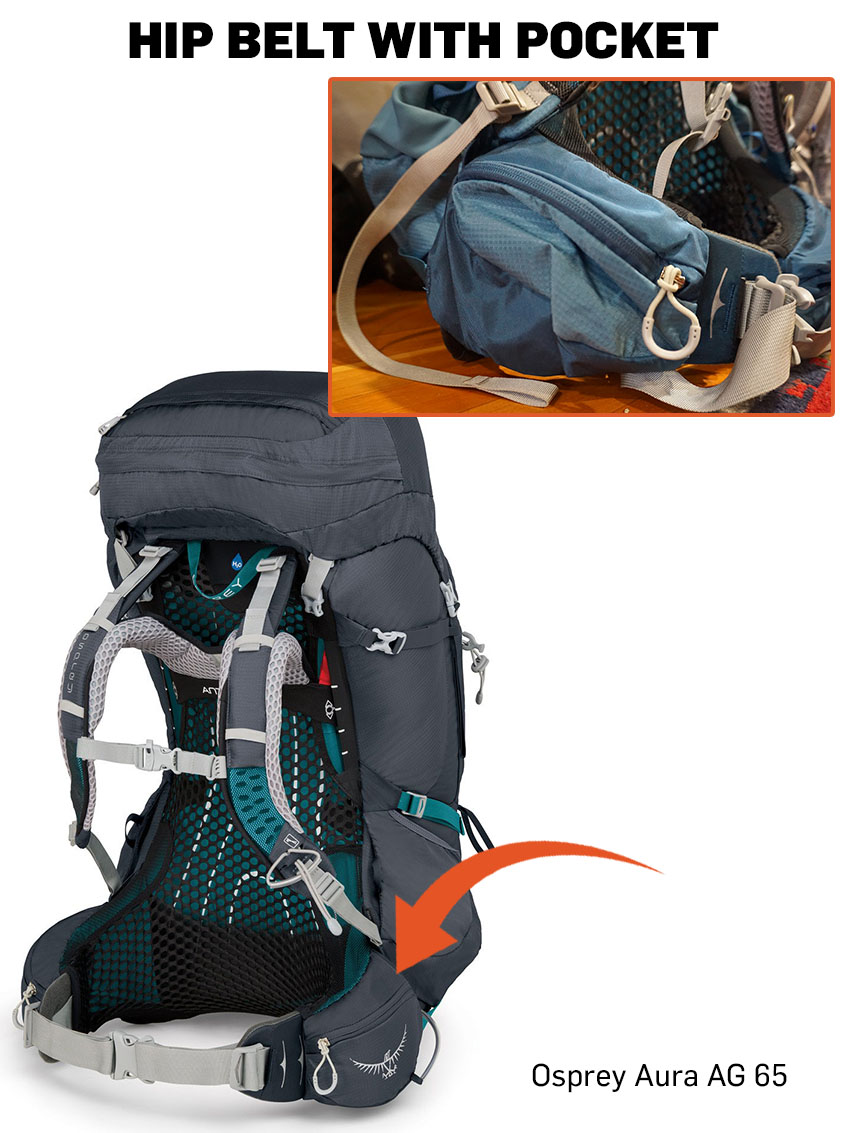 Osprey backpacking backpack with dual hipbelt pockets.