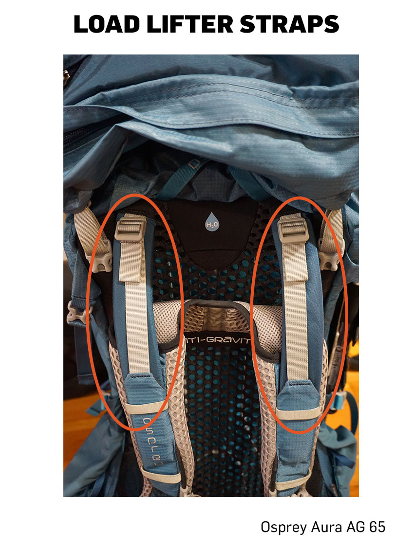 Load lifter straps on the Osprey Aura AG 65 backpacking pack.