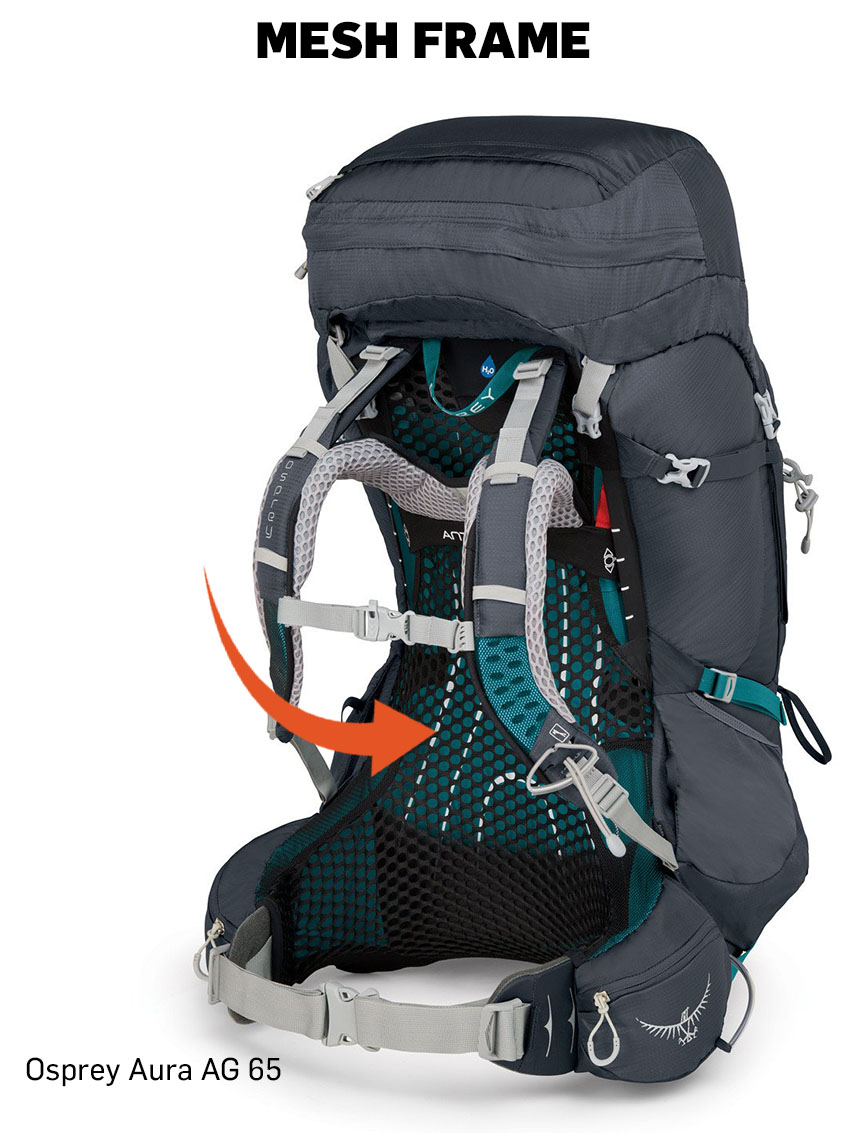 The Aura backpack has a 3D mesh backpanel that Osprey calls their 'Anti-Gravity' suspension mesh.