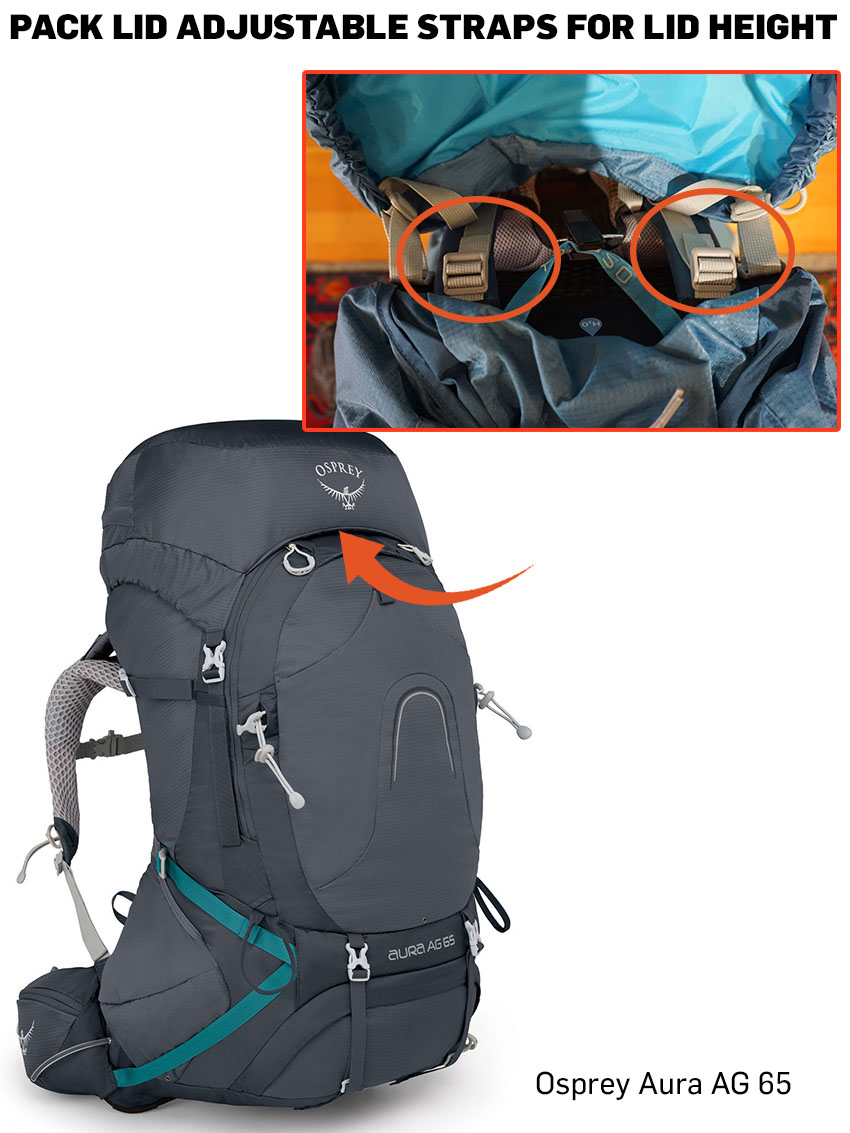 Osprey Aura AG 65 L pack lid adjustable straps for lid height known as floating brain..