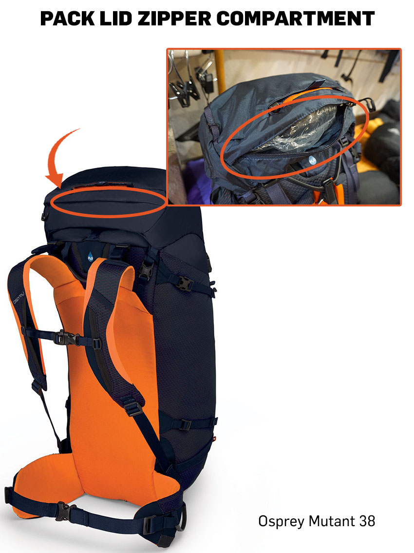Pack lid zipper compartment on the Osprey Mutant 38 L backpacking backpack.