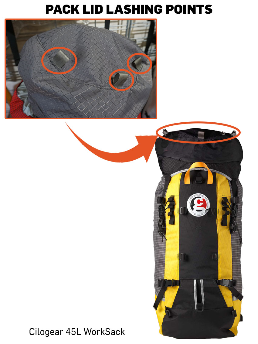 Lashing points on lid of the Ciclogear backpacking backpack.
