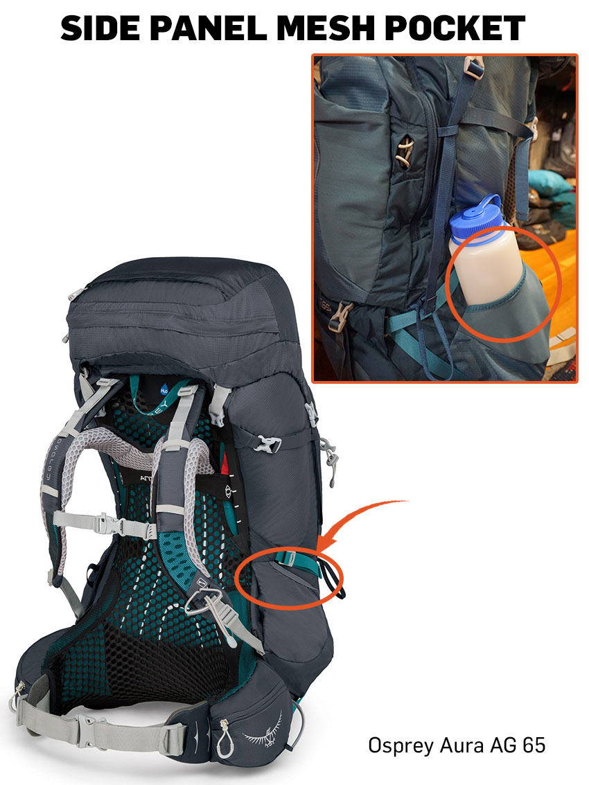 Osprey backpack side panel mesh pocket with water bottle.