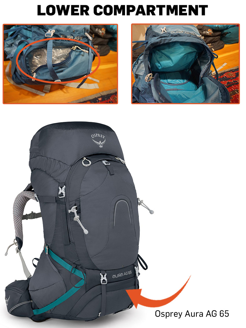 Osprey Backpack showing location of lower zippered compartment.