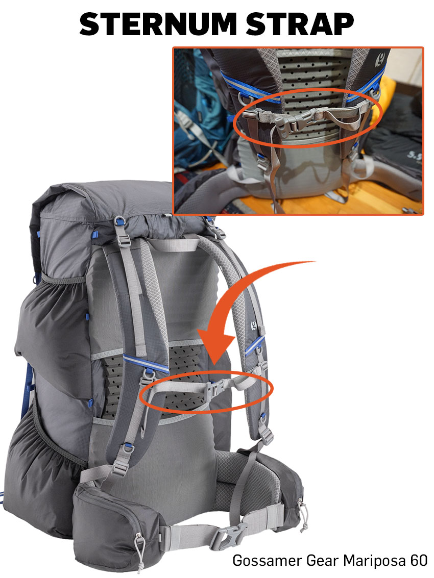 Gossamer backpacking backpack showing sternum strap.