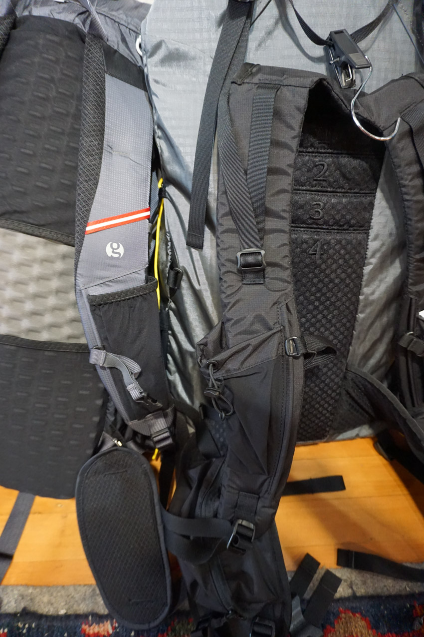 Kumo 36 Superlight Backpack on Left and Six Moon Designs Swift V on Right both have should pockets.