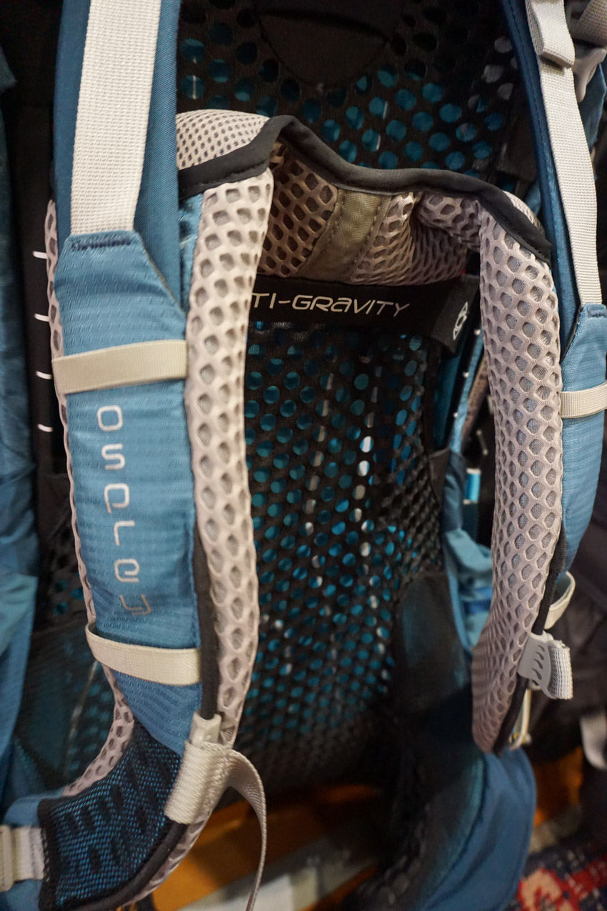 Thicker shoulder strap padding on the Aura AG 65 Osprey Backpacking Backpack.