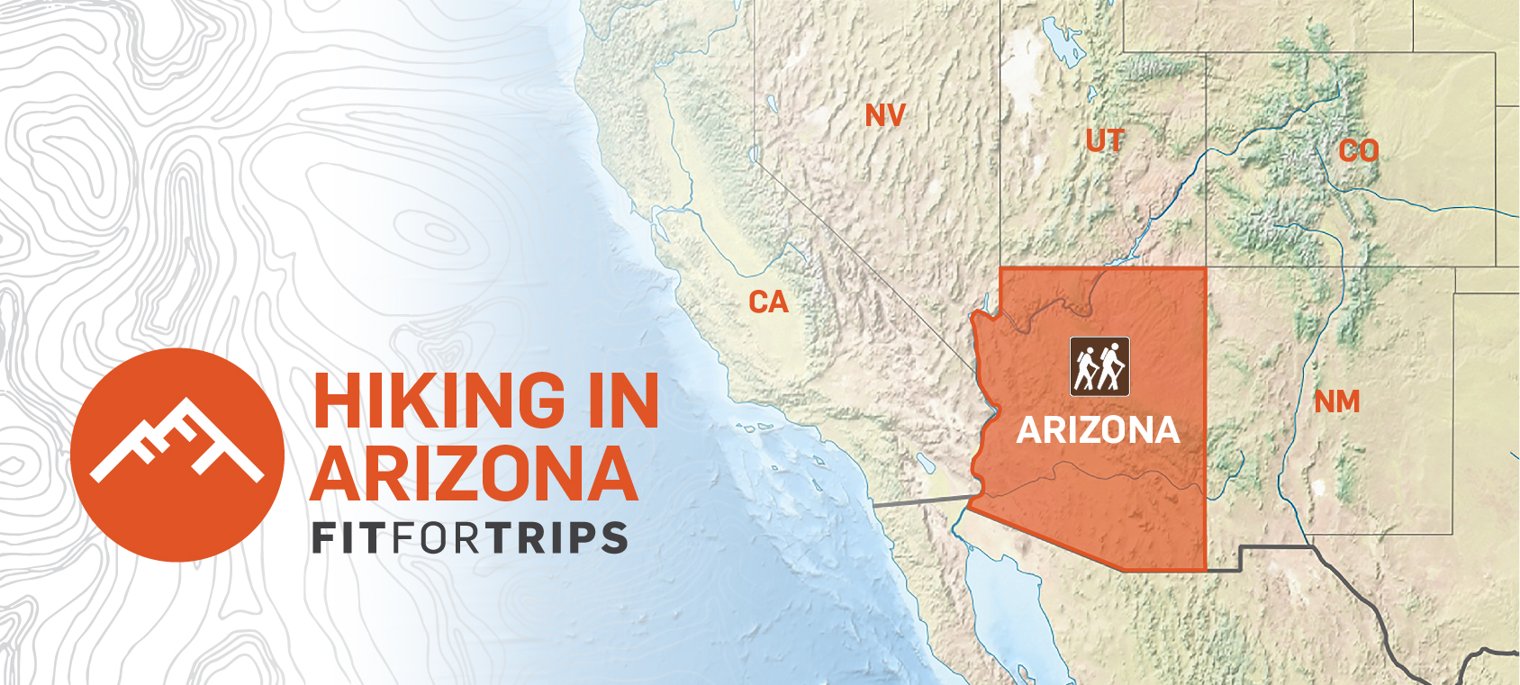 State of Arizona highlighted for hiking on United States map.