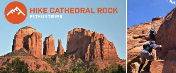 Cathedral Rock spires and hiker scrambling.