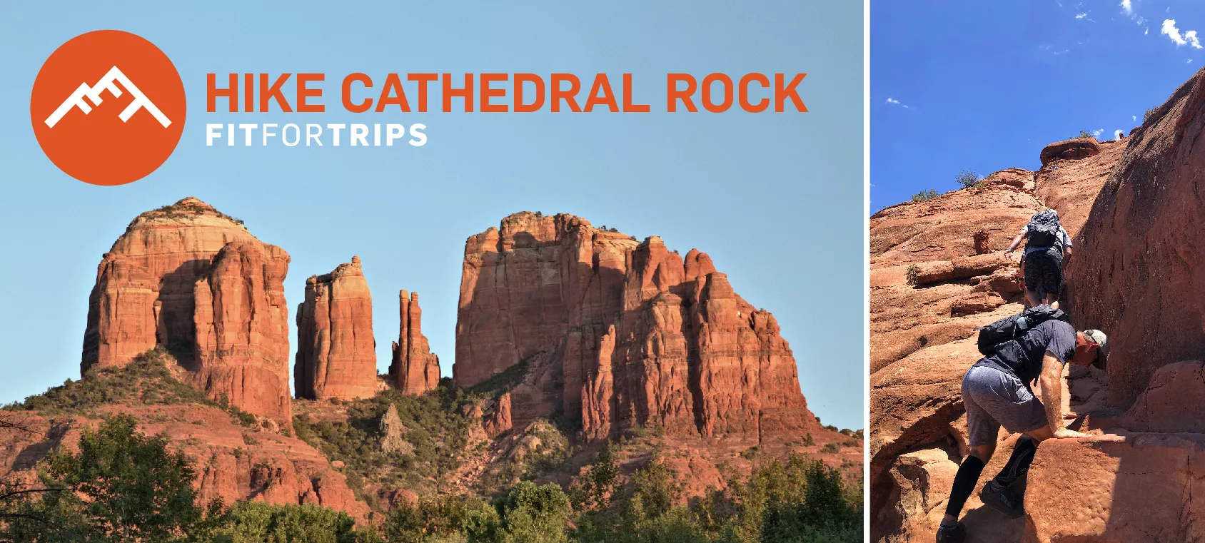 Cathedral Rock spires and hiker scrambling.