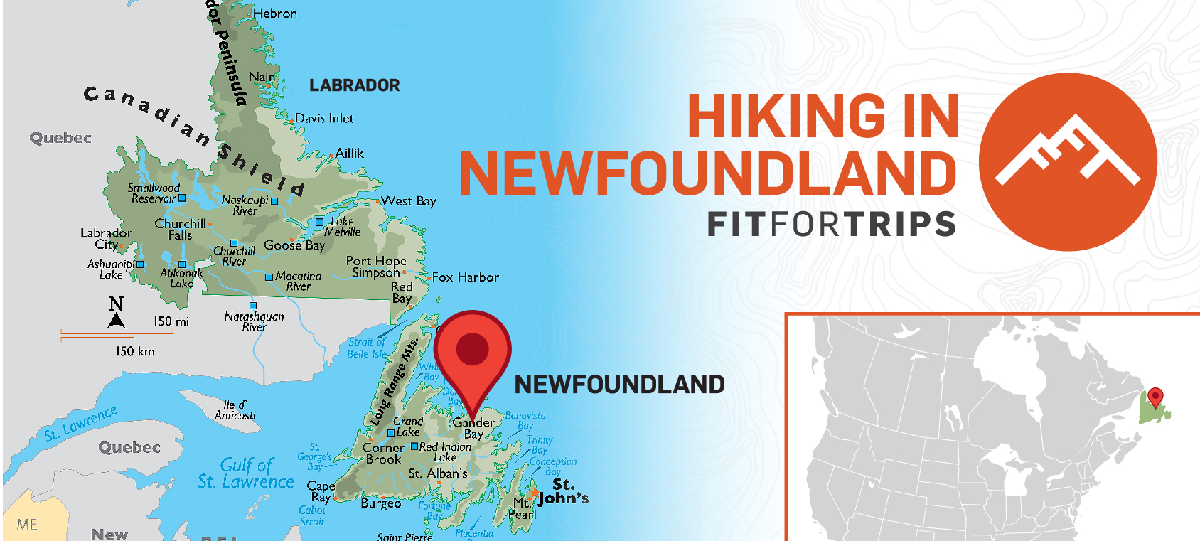 Location of Newfoundland for hikers to see.