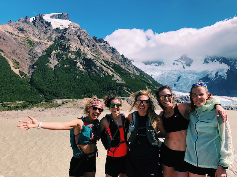 Group of women trail runners on guided tour in Patagonia Argentina.