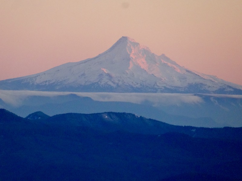 Mt. Hood viewed from Mount St. Helens with lake inversion effect.