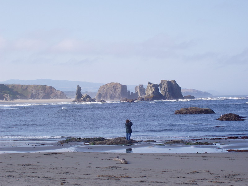Hiker looking at sea stacks from Oregon Coast.