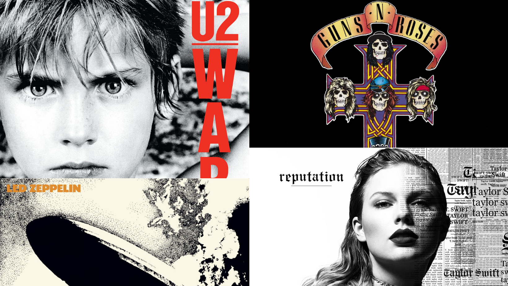 U2 Guns N Roses Led Zeppelin Taylor Swift collage.