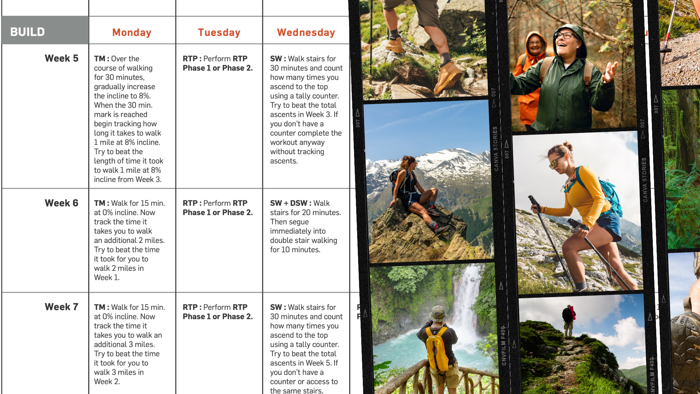 Hiking training plan calendar and hiker images.